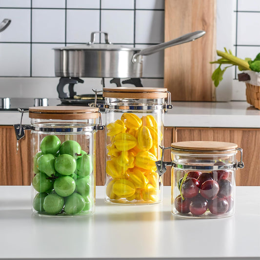 MOLADRI 36 oz/1050ml Clear Glass Storage Canister with Airtight Bamboo Lid, Medium Decorative Container Jar for Coffee Spice Candy Salt Tea Cookie Condiment Pepper Sugar Overnight Oatmeal Snacks
