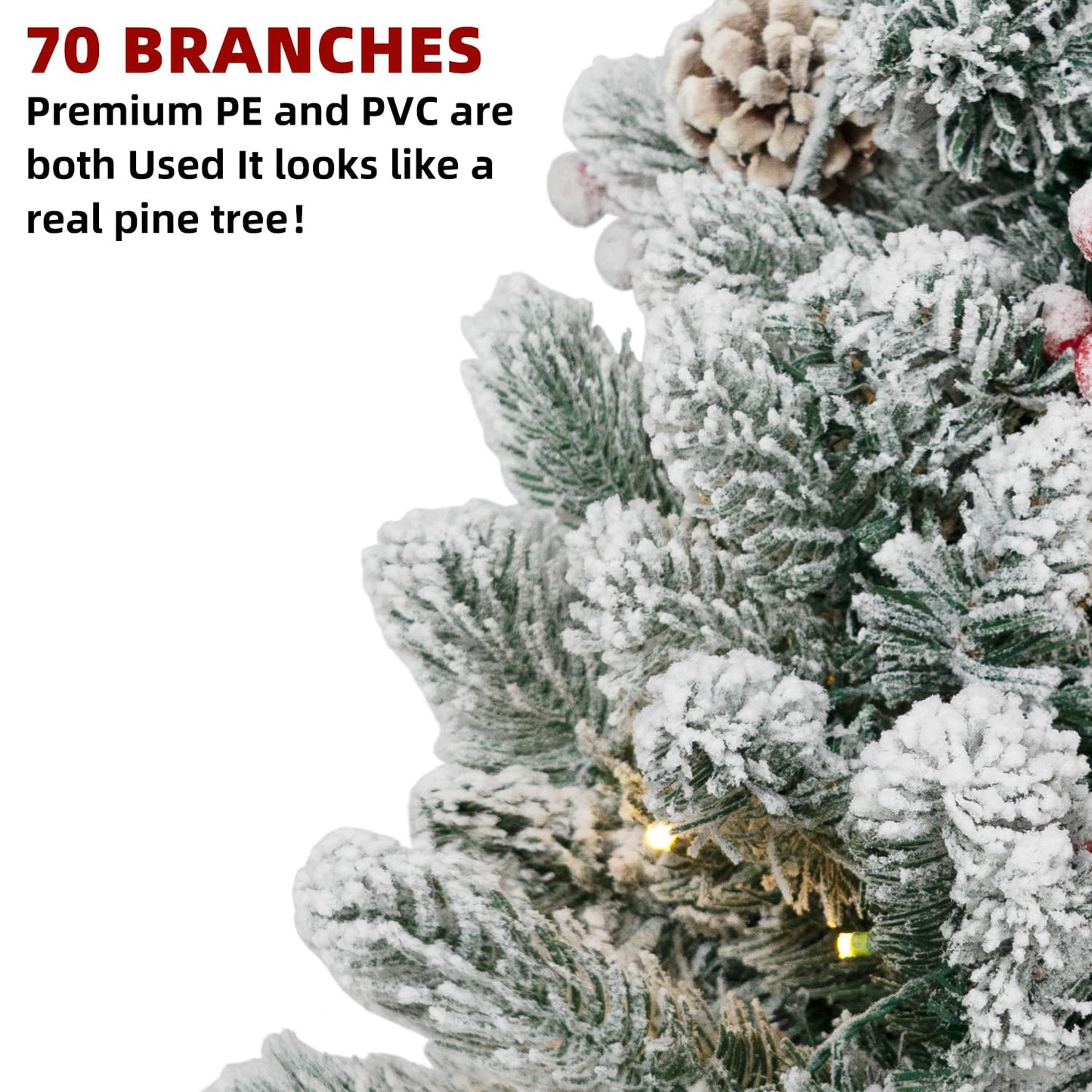 ININ 2FT Pre-lit Mini Christmas Snow Flocked Tree,Tabletop Artificial Christmas Tree with LED Lights, Small Xmas Pine Tree with Cloth Bag Base for Christmas Decor,12 Clusters Berry & 8 Pinecones