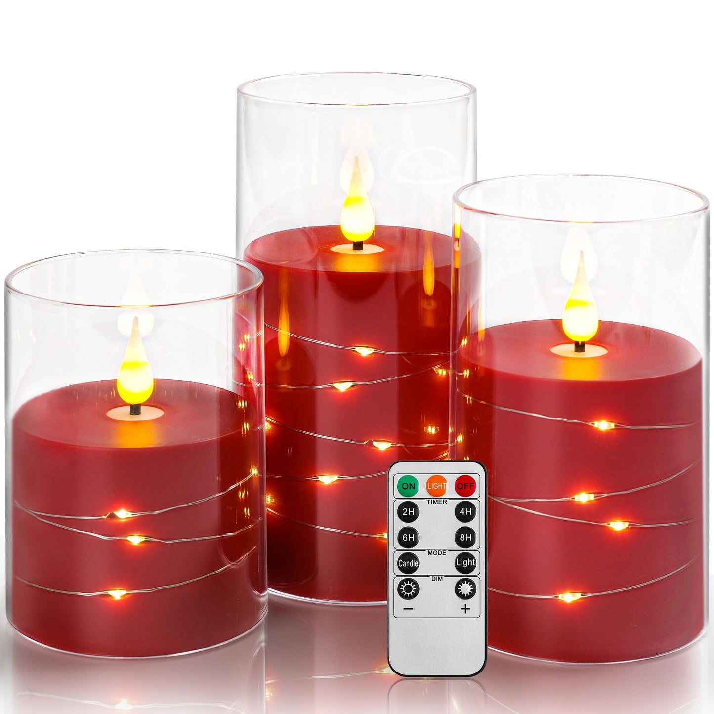 Da by Flickering Flameless Candles with Remote,Acrylic LED Candles with Embedded Star String,Battery Operated Candle, for Home and Holiday Decoration Set of 3（Red）