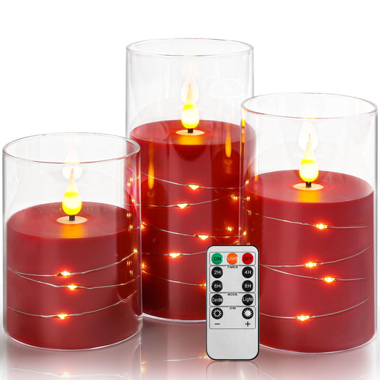 Da by Flickering Flameless Candles with Remote,Acrylic LED Candles with Embedded Star String,Battery Operated Candle, for Home and Holiday Decoration Set of 3（Red）