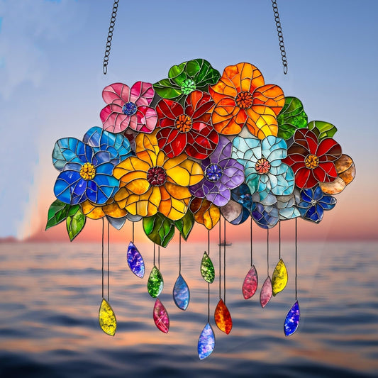 Stained Glass Window Hanging, Colorful Flower Petals Sun Catchers Diamond Glass Panel Hangings Suncatcher Decor for Birthday for Women, Men