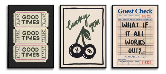 LYPHNX Vintage Good Times Ticket Poster Wall Art Retro Guest Check What If It All Works Out Quote Prints Set of 3 Luck You 8 Ball Cherry Painting Home Decor Picture for Bar Cart Dorm 12"x16" Unframed
