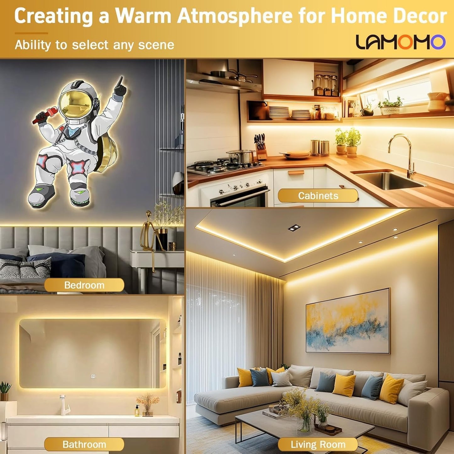 Lamomo COB LED Strip Lights Pro, 16.4Ft Warm White Dimmable Self-Adhesive Led Rope Light with Remote, Flexible Cuttable Waterproof 3000K Silicone Neon Tape Lights for Bedroom, Indoor, Outdoor,Cabinet