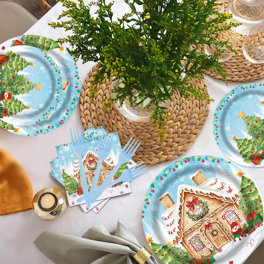 Fitumiw 96Pcs Gingerbread House Party Tableware Supplies Merry Christmas Cartoon Candy House Snowman Plates and Napkins Christmas Trees Winter Wonderland Party Set Decorations Serve 24 Guests