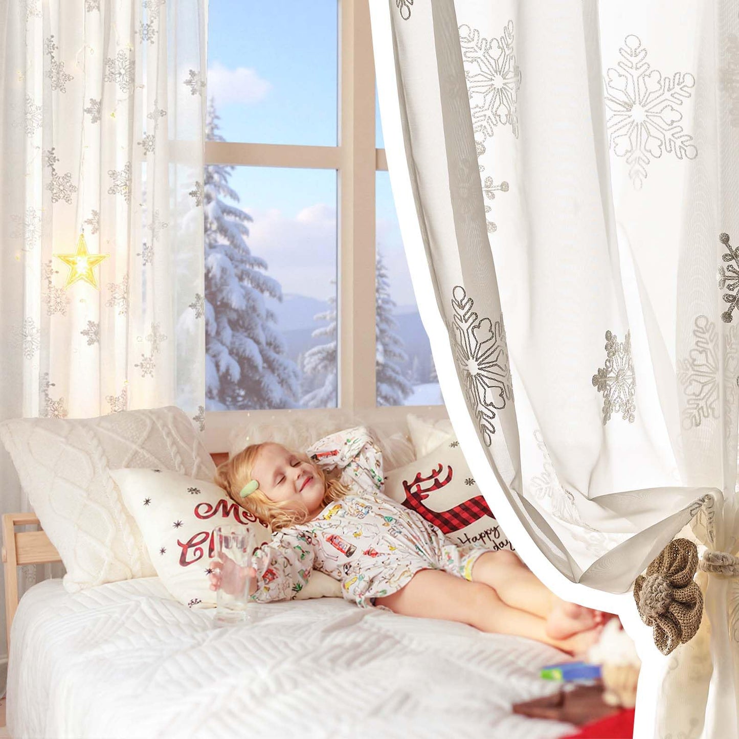 jinchan Embroidered Curtains Sheer Christmas Curtains Off White Snowflake Voile 84 Inch Length Rod Pocket Xmas Decor Winter Holiday Window Decorations Living Room Bedroom 2 Panels Set