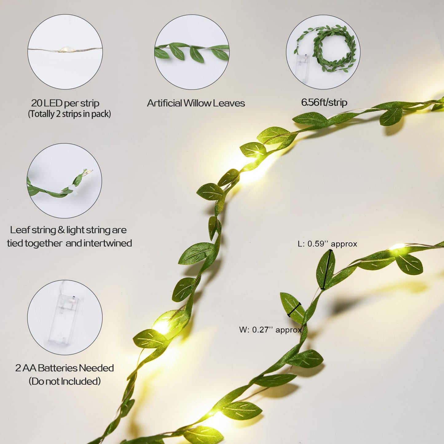 Maffily 2pcs 6.5Ft Green Leaves String Lights 20 LED Fairy Lights Battery Operated Artificial Ivy Leaf Garland with Light for Indoor Home Wall Birthday Wedding Decor