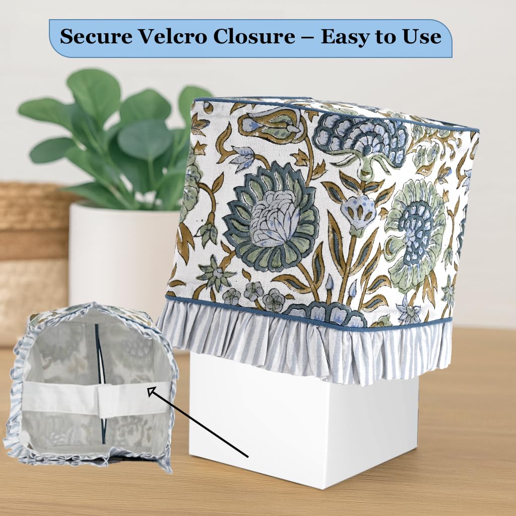 Ridhi Asparagus Green Block Print Ruffle Tissue Box Cover Handmade Cotton Decorative Square Napkin Holder for Home Bedroom Living Room Bathroom Vanity Countertop Car Office Kitchen
