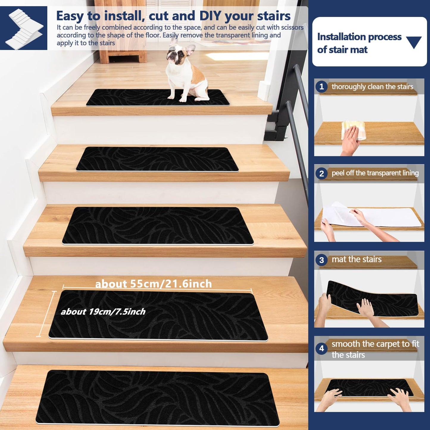 JAYFAN Non-Slip Stair Treads Mat Carpet for Wooden Steps(7/15 Pack), 21.6 x 7.4IN Self-Adhesive, Safety Indoor Stair Runner Mats, Anti Slip Stair Treads for Kids Elders and Dogs Pets