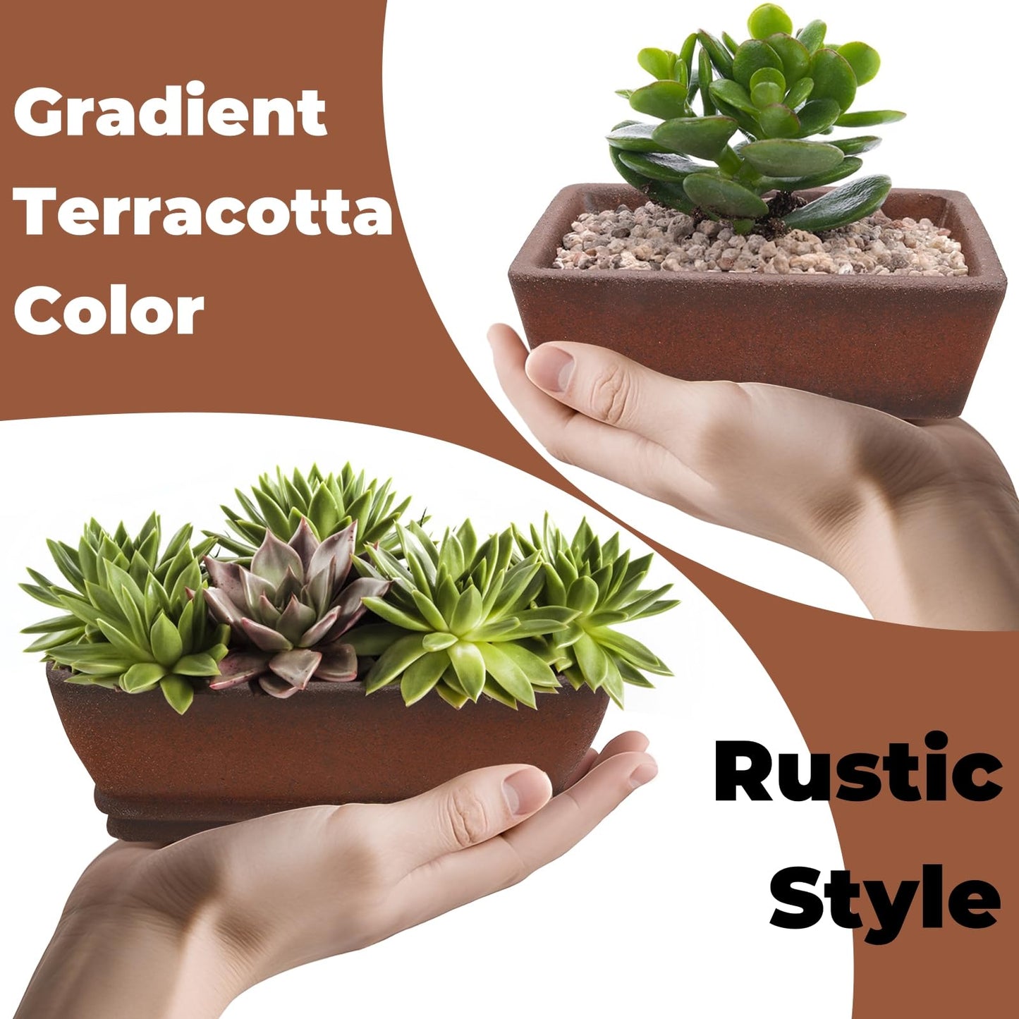 ELFULLY 2 Pack Ceramic Bonsai Pots with Drainage Tray, 6" and 7" Unglazed Rectangle Bonsai Tree Planters, Bonsai Training Pots, Succulent Cactus Planter with Drainage Hole for Outdoor Indoor, Brown