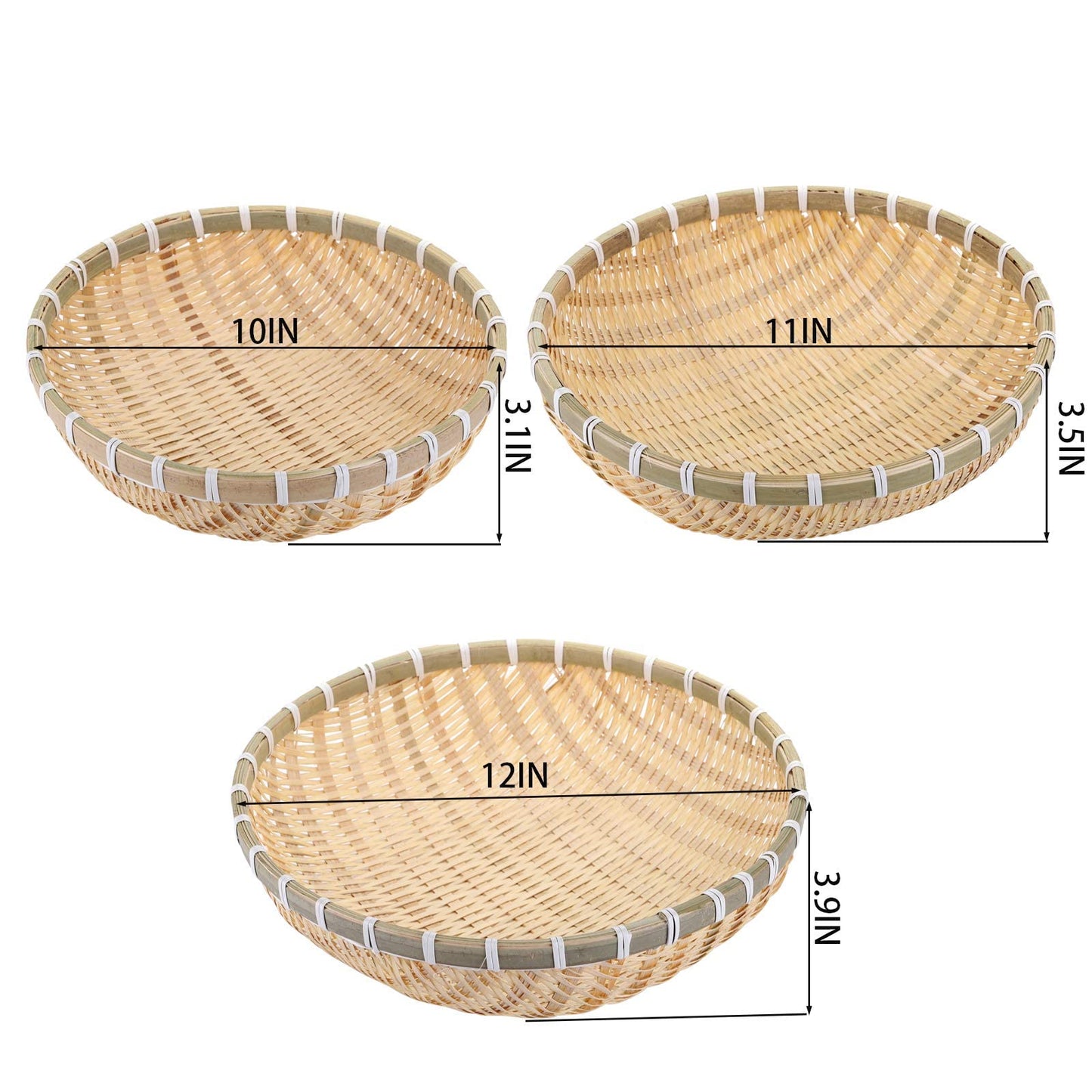 Cedilis 3 Pack Bamboo Basket Tray, Wicker Bread Basket, 100% Natural Handmade Woven Fruit Basket, U Shape Holder Flat Shallow Vegetables Serving Basket, Stackable, 10Inch, 11Inch, 12Inch