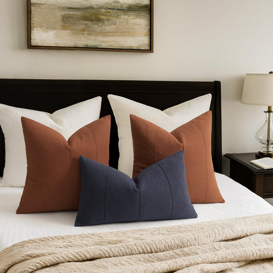 Decorative Linen Throw Fall Pillow Covers 18x18 Set of 2 Solid handcrafted Striped Cushion Covers for Bed Soft Modern Farmhouse Neutral Pillowcase for Couch Bedroom Living Room Home Fall Decor(Rust)