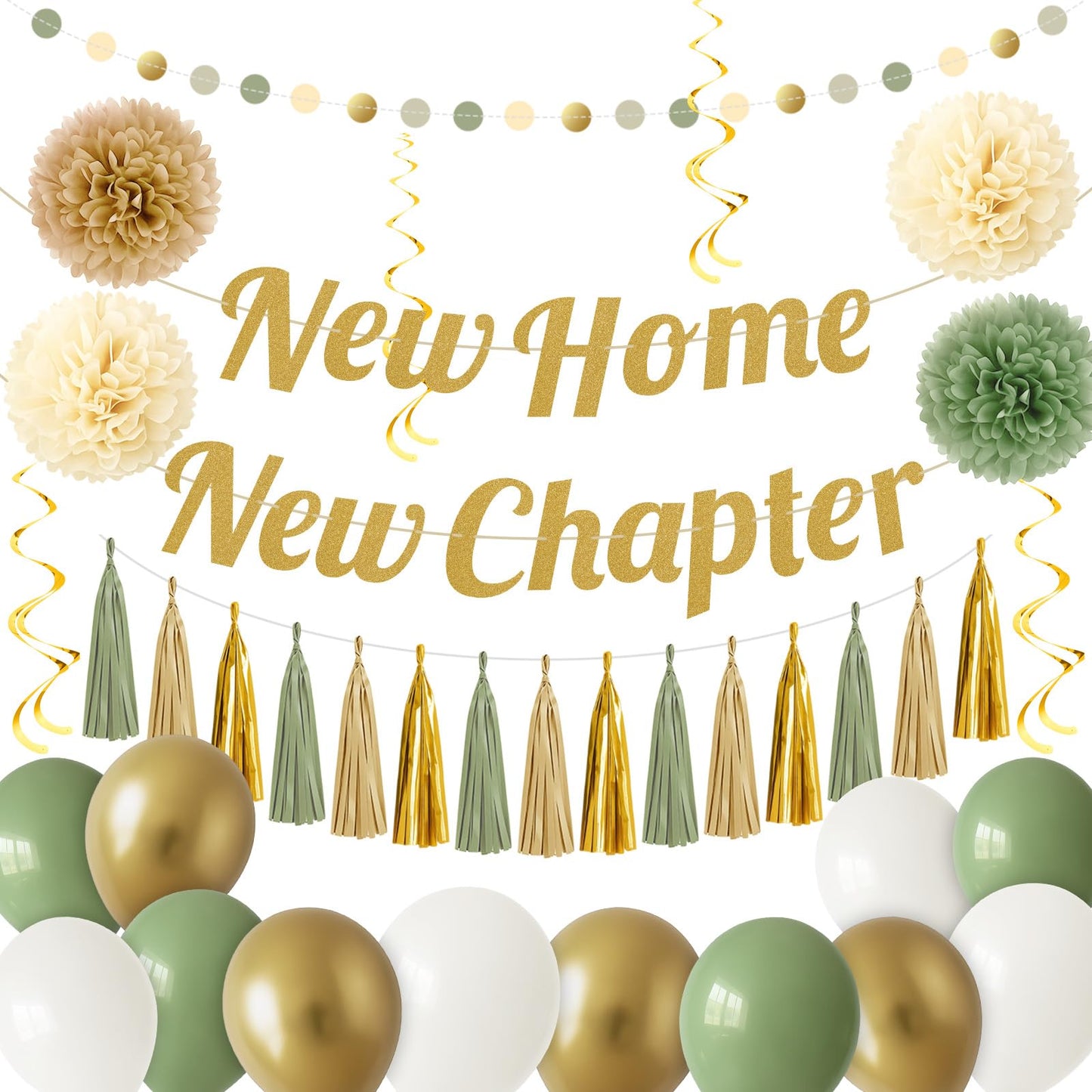 New Home New Chapter Housewarming Decorations Set, Sage Green Gold Boho Welcome Home Party Decor Kit with Banner, Balloons, Tassels & Garland