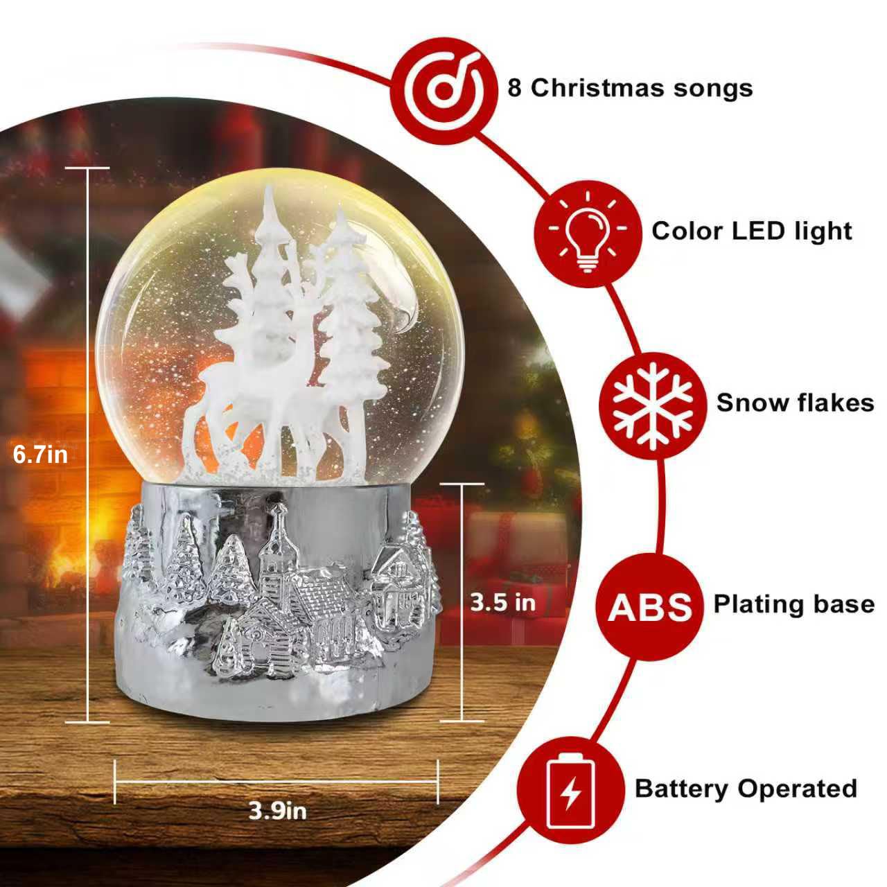 Hpoeude Winter White Deer Musical Christmas Snow Globe LED Light Up,120MM Snowflakes, 6.7Inch Height Water Globe, Festive Christmas Decor, Ideal Gift for Women and Adult.