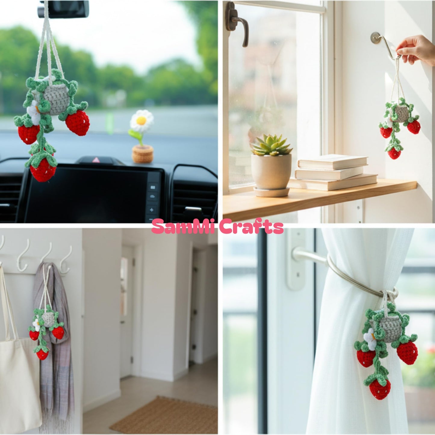 Handmade Strawberry Pot Crochet Car Hanging Ornament, for Mom, Cute Rear View Mirror Car Charm, Yarn Car Accessory for Women (Strawberry Pot)
