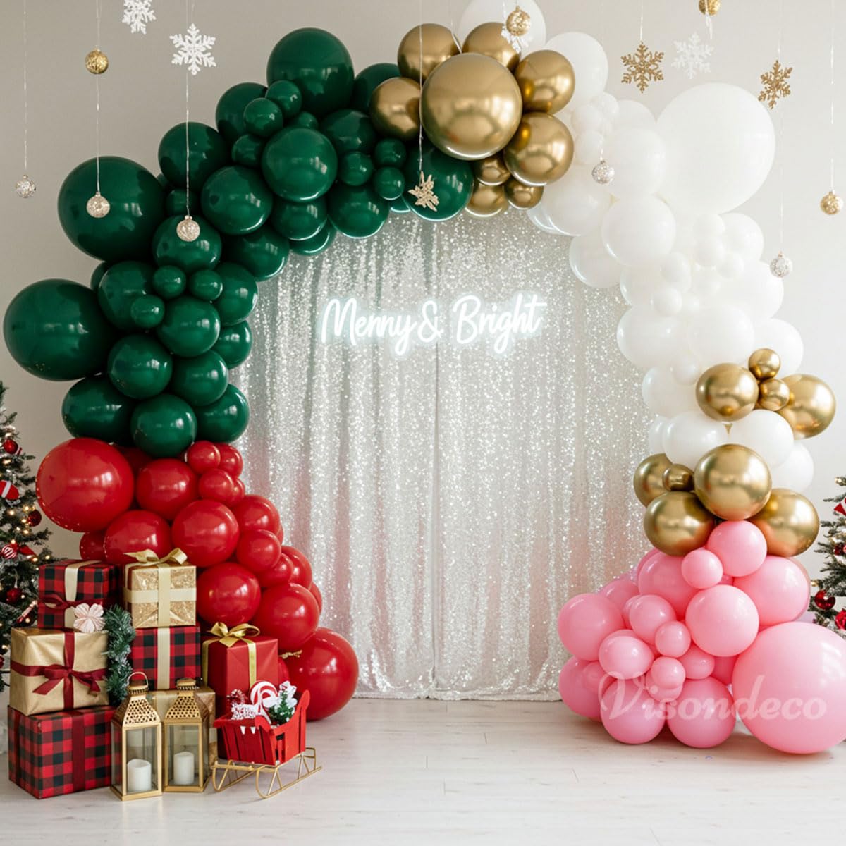 Christmas Balloon Arch Kit – 143pcs Double Stuffed Green, Red, Green, White, Pink & Gold Balloons Garland, Xmas Balloon Arch Decorations for Holiday Party, Merry Christmas Balloons Decor Supplies