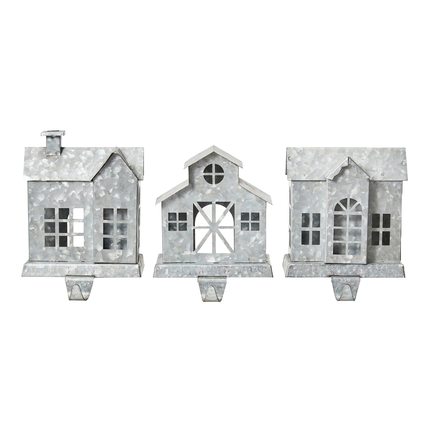 Glitzhome Galvanized Christmas Stocking Holder, Set of 3 Rustic Mantel Hooks for Fireplace, Heavy Duty Metal Sock Hangers with Country Farmhouse Design, Party Decorations for Holiday Home
