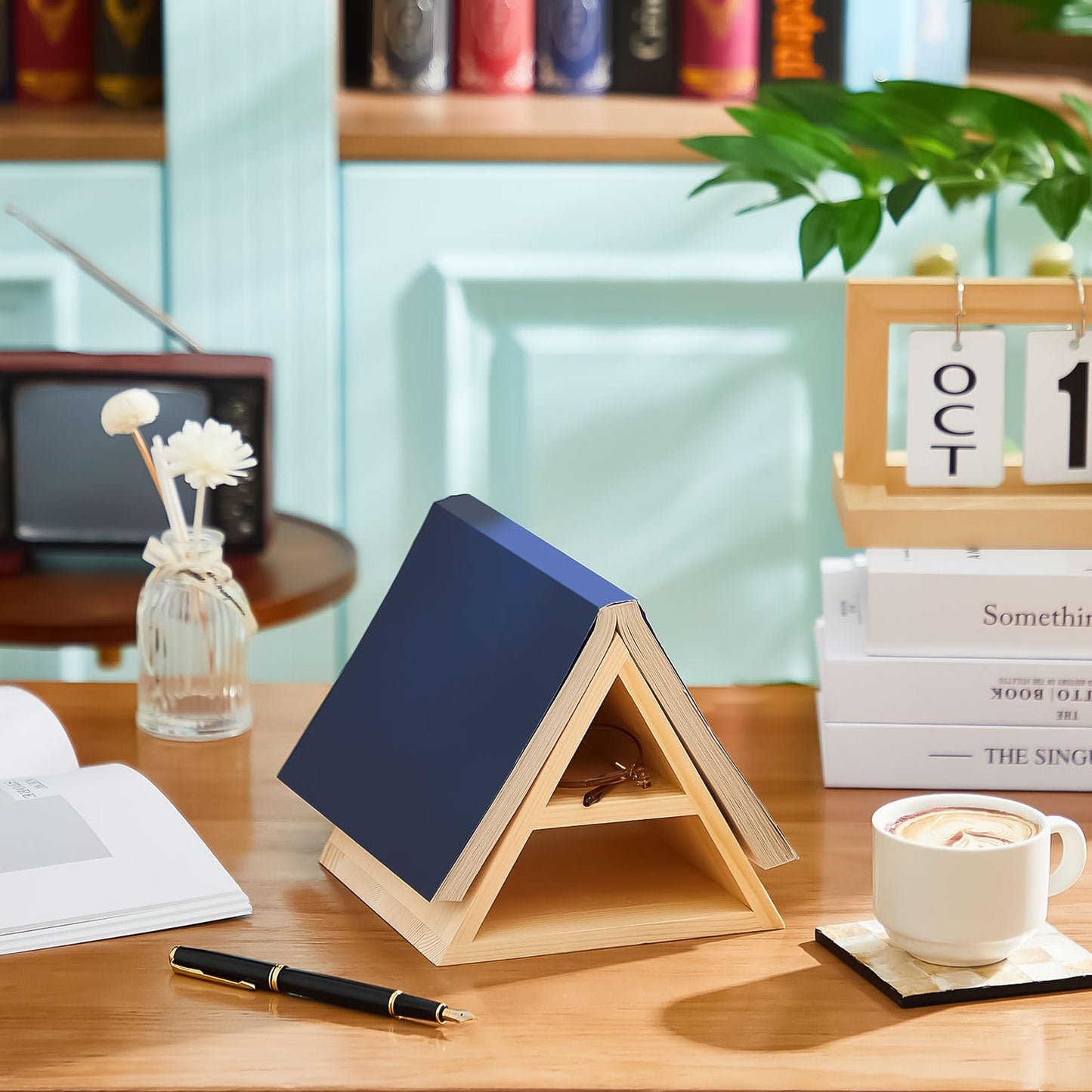 Menkxi Wooden Triangle Book Stand 7 x 7 x 6 Inch Page Rest Holder Place Functional Shelf for Bedroom Office Library Table Centerpiece Decoration for Book Lover