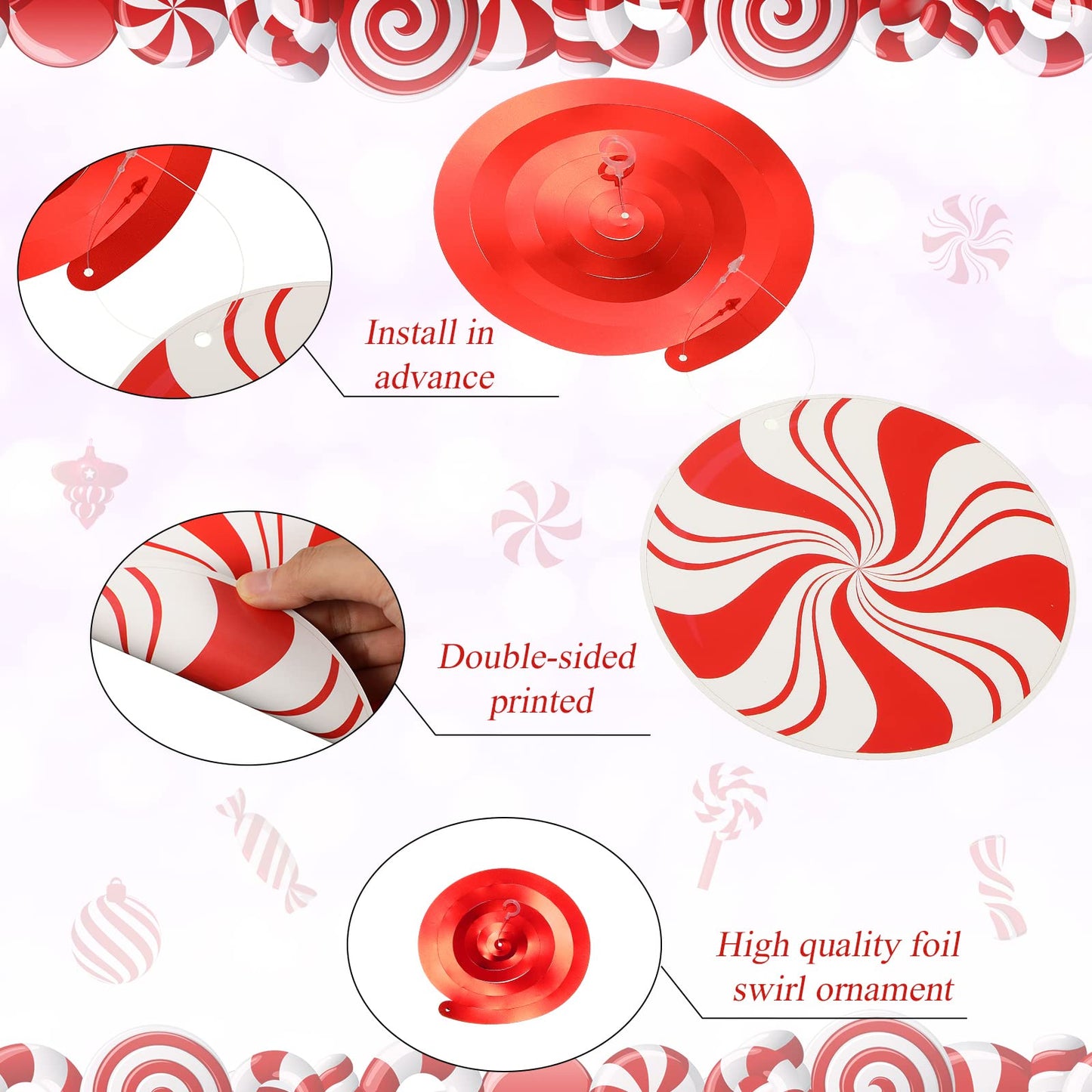 Funrous 56 Pcs Christmas Peppermint Candy Hanging Swirls Decorations Red and White Holiday Party Streamers for Home Winter Holiday Christmas Party Decor(Red White)
