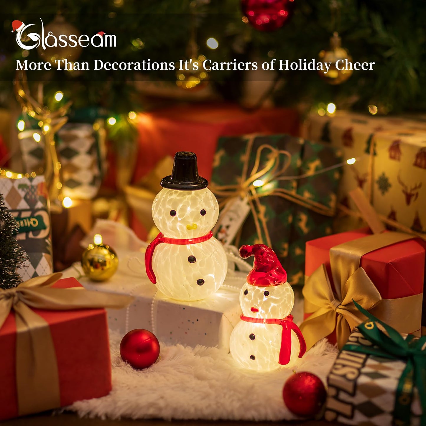 Glasseam Snowman Figurines Christmas Decorations: 2Pcs Cute Glass Light up Snowman Ornaments - LED Christmas Figurines Battery Operated Xmas Decor Gifts for Winter Holiday Home Table Window Fireplace