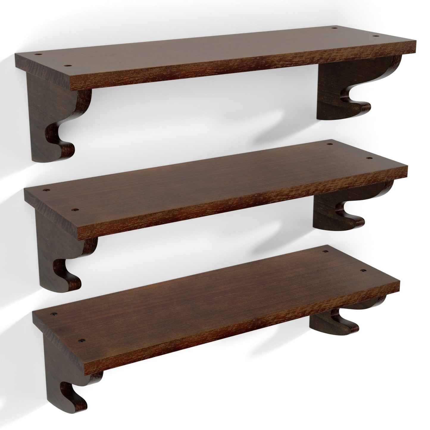 Alsonerbay Wood Floating Shelves for Wall 3 Pack, 17 inch Rustic Wall Shelves with Hook, Decorative Hanging Shelves for Bedroom Living Room Nursery Office and More Light Walnut