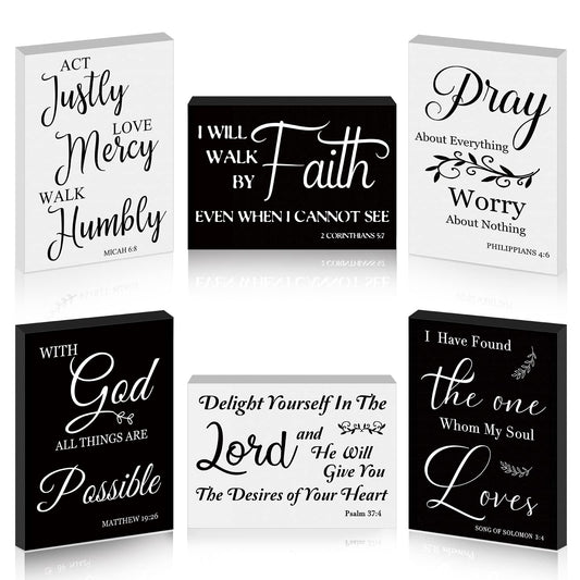 6 Pcs Mini Christian Wooden Signs Bible Verse Decor Inspirational Scripture Wood Block Be Still and Know Religious Plaque Art Church Party Favor Wall Home, 3.5x2.5x0.47 in(Cute Style)