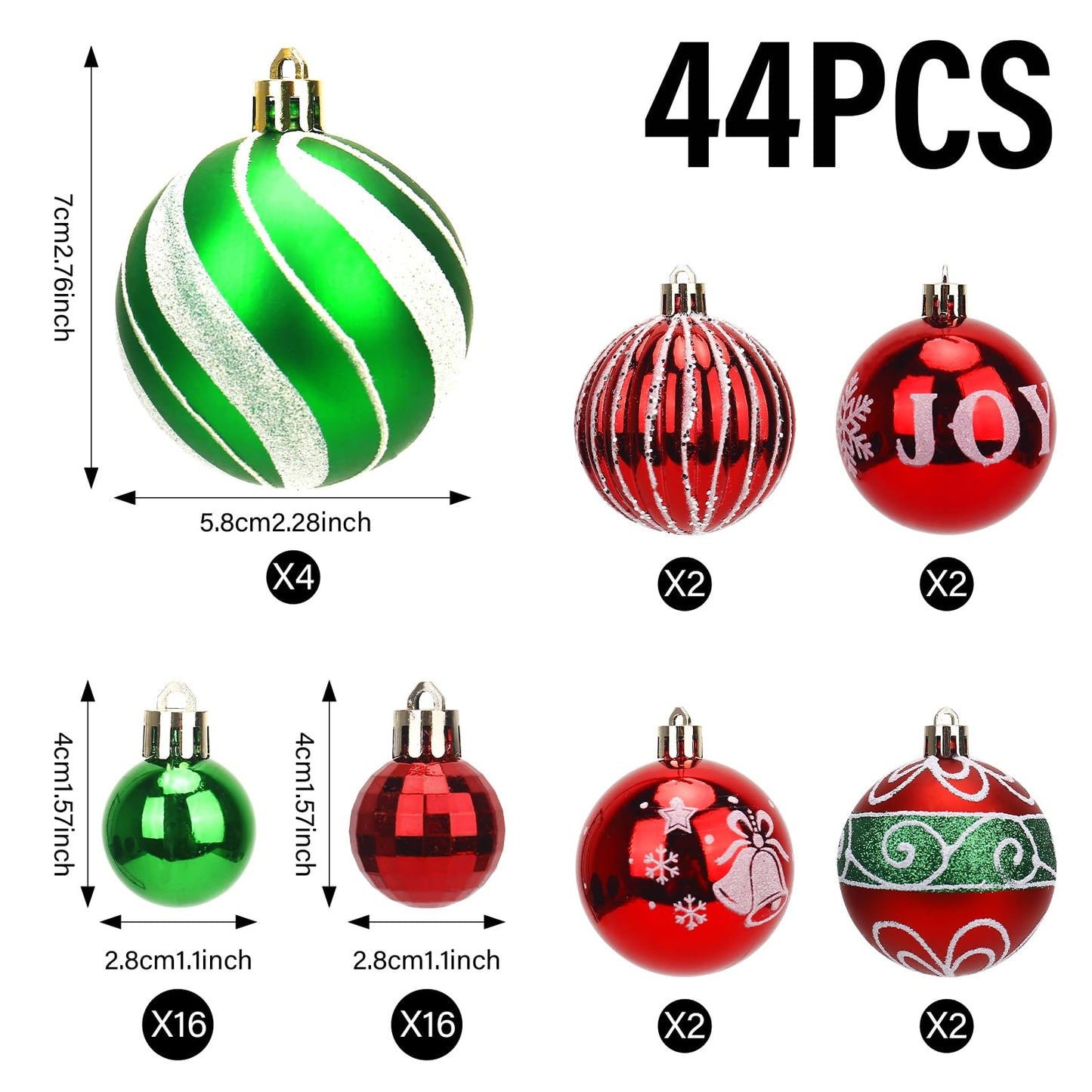 Christmas Ornaments Balls, 44 Pcs Christmas Balls Including 12Pcs 6cm/2.36inch & 32Pcs 3cm/1.18inch, Christmas Tree Decorations Hanging for Holiday Wedding Party Decoration