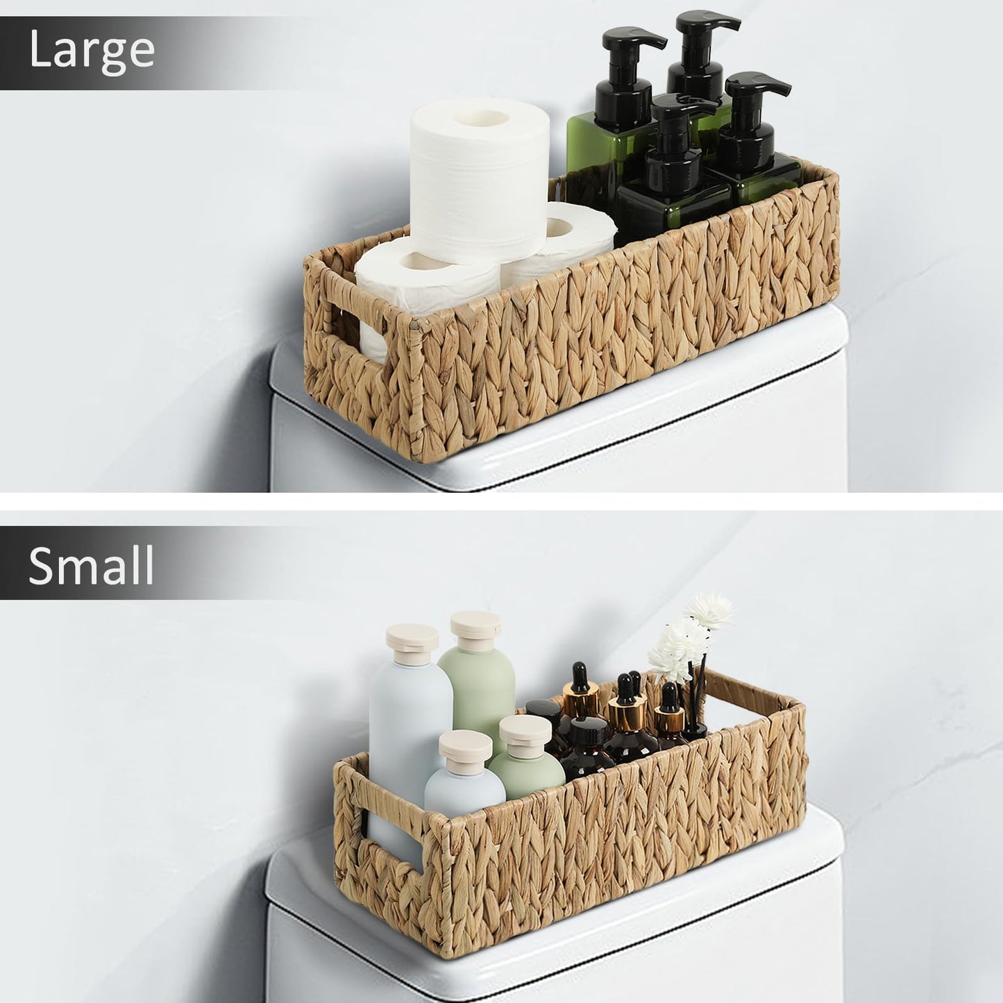 Graciadeco Nesting Small Wicker Basket, Water Hyacinth Toilet Paper Baskets Bathroom Organizer Woven Long Narrow Baskets for Organizing Pantry Bathroom Toilet Tank, 2 Pack