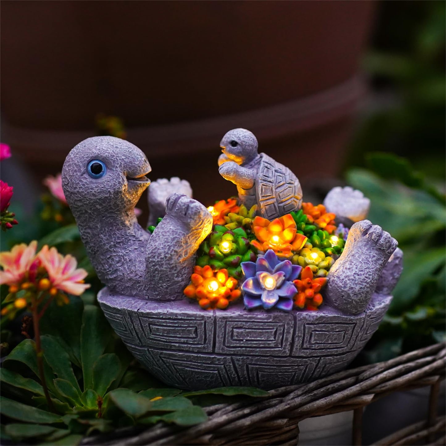 Pohabery Solar Turtle Figurines Garden Decor, Cute Turtle Statue with Baby with 7 LED Solar Lights Garden Lawn Decorations for Patio & Yard, Gifts for Mom, Gery