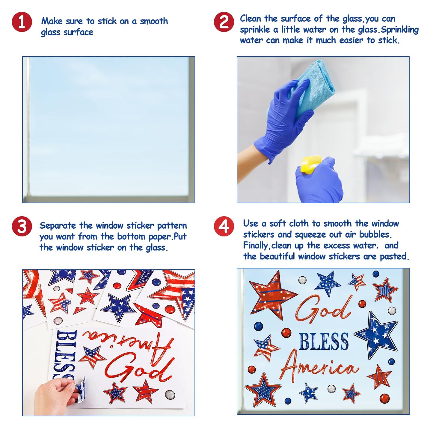Patriotic Window Clings Red Blue Stars God Bless America Window Stickers Double-Side Glass Decals for Home Office School Independence Day Party Decor,6 Sheets