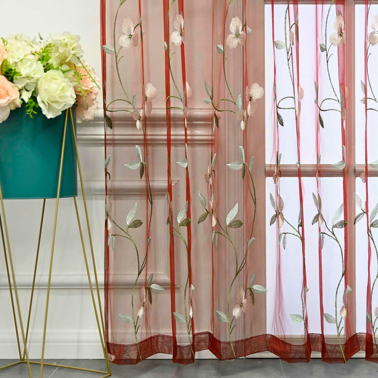 pureaqu Floral Embroidered Sheer Window Curtains for Living Room 84 Inches Length Country Rustic Embroidery Window Voile Tulle for Girls Bedroom/Sliding Glass Door Rod Pocket 1 Panel W52 x L84 Inch