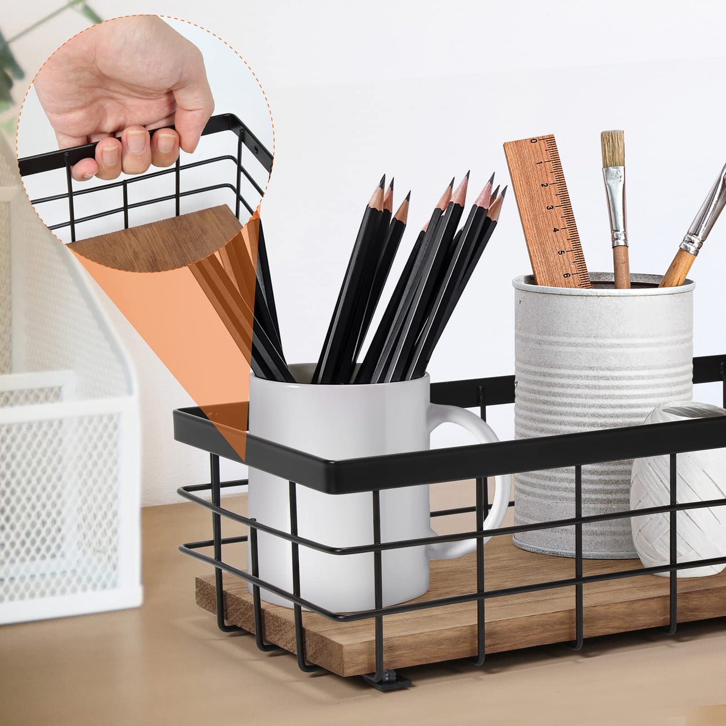 TJ.MOREE Small Metal Wire Basket, Decorative Wood Base Organizer for Bathroom, Kitchen, Basket for Toilet Paper Storage, Sugar Packet, Coffee Syrup, Guest Towel, Napkin(2 Packs)