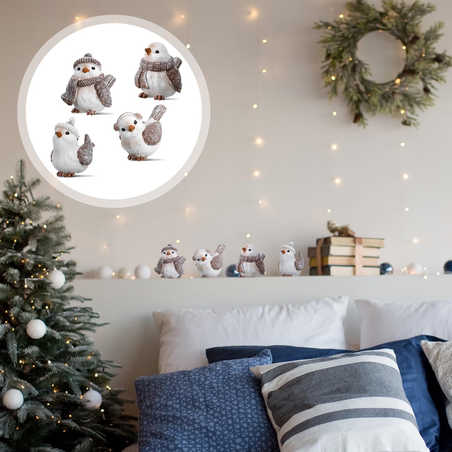 Cinnvoice 4 Pcs Wintry Resin Figurines Winter Christmas Bird Tabletop Figurine Decorations for Xmas Holiday Home Decor and Gifts (Cute)