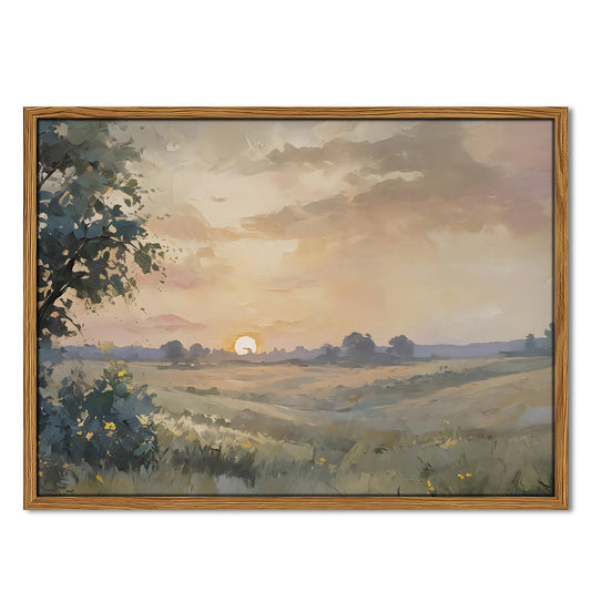 Wood Framed Vintage Wall Art, Sunset Landscape Wall Decor Paintings，Country Nature Pictures Canvas Prints Rustic Cottagecore Home Decor for Living Room Bedroom Farmhouse 12x16 inch