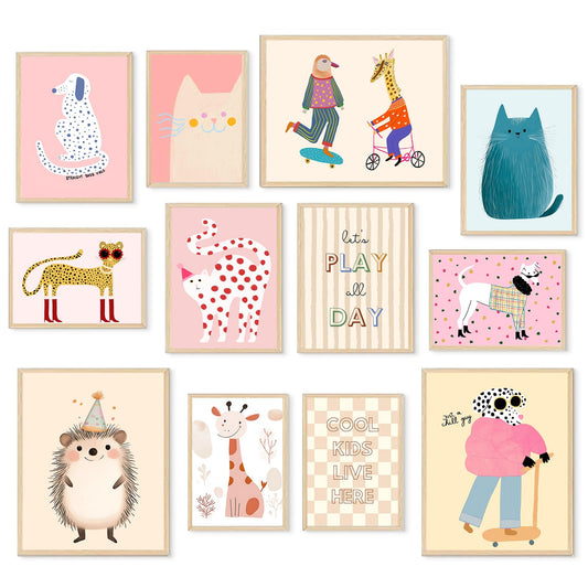 Aroutde 12Pcs Pink Girl Room Decorations Playroom Wall Art, Cartoon Animals Wall Art Funny Cat Dog Giraffe Hedgehog Prints Boys & Girls Kids Toddler Room Bedroom Eclectic Gallery Artwork (Unframed)