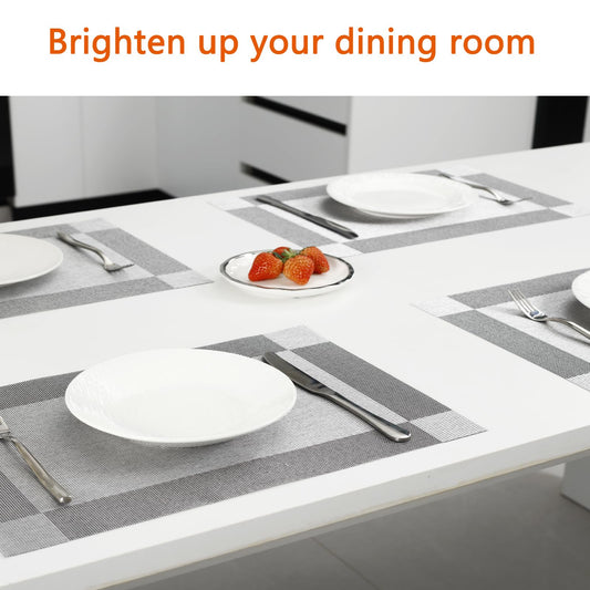 Uolr Placemats Set of 6 Washable&Wipeable Silver Place mats for Dining Table Kitchen Indoor Outdoor Table Mats Heat Resistant Non Slip Woven Vinyl Table Placemats (Grey，6PCS)