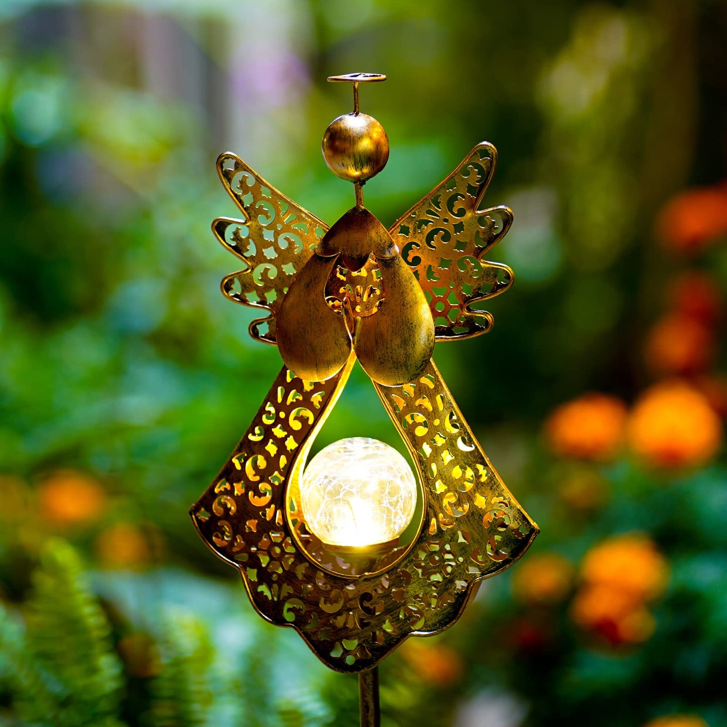 Starryfill Angel Stake Solar Lights with Crackle Glass Globe Waterproof Warm White LED, 40.5 inches Height Metal Bronze Stake Garden Patio Art Decor, Memorial Gift for Mom Women or Friends