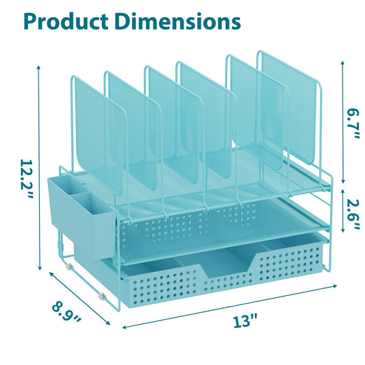 LEKETREE Teal Desk Organizer, Office Organization with Vertical File Holder, File Organizer with Drawer and Pen Holder, Desk Accessories and Workspace Organizers for Home Office (Sky Blue)