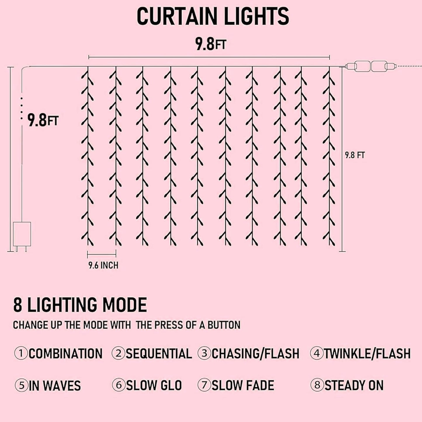 Dazzle Bright 300 LED Curtain String Lights, Valentine's Day Fairy Lights for Bedroom with 8 Lighting Modes, Connectable Waterproof Window Lights Party Wedding Garden Wall Christmas Decor, Pink