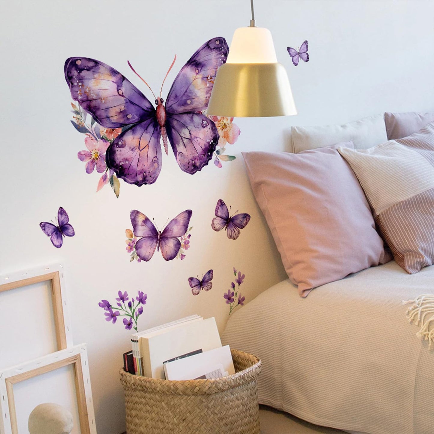Purple Butterfly Wall Decals Removable Purple Butterflies with Flowers Wall Stickers Peel and Stick Vinyl Butterfly Art Wall Decor for Living Room Bedroom Nursery Bathroom Classroom Decorations