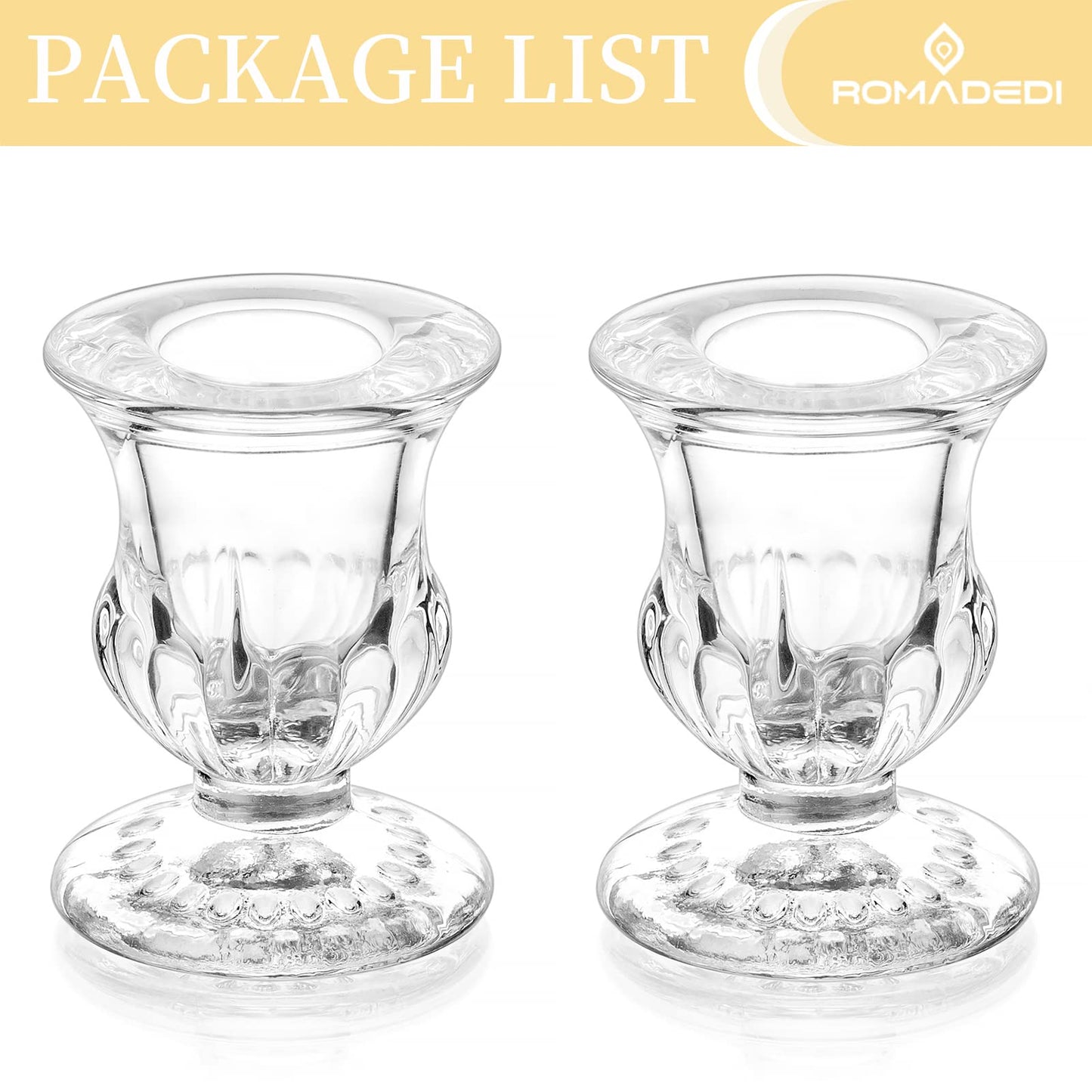 Romadedi Glass Taper Candle Holders - Clear Small Candlestick Holder Bulk, Thicker Glass Candle Sticks Set for Wedding Christmas Party Dining Table Table Centerpiece Decor, 2Pcs