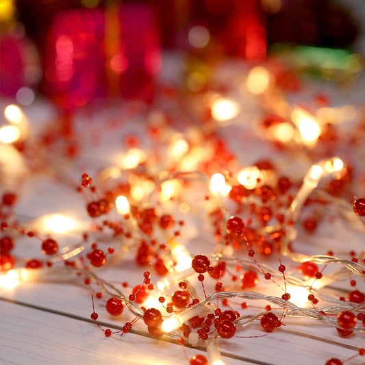 Mudder 13 ft 40 LED Christmas Light Pearl Berry Beaded Garland String Light for Indoor Outdoor Festive Birthday Party Wedding DIY Home Mantel Decoration 2 Flicker Modes(Red)