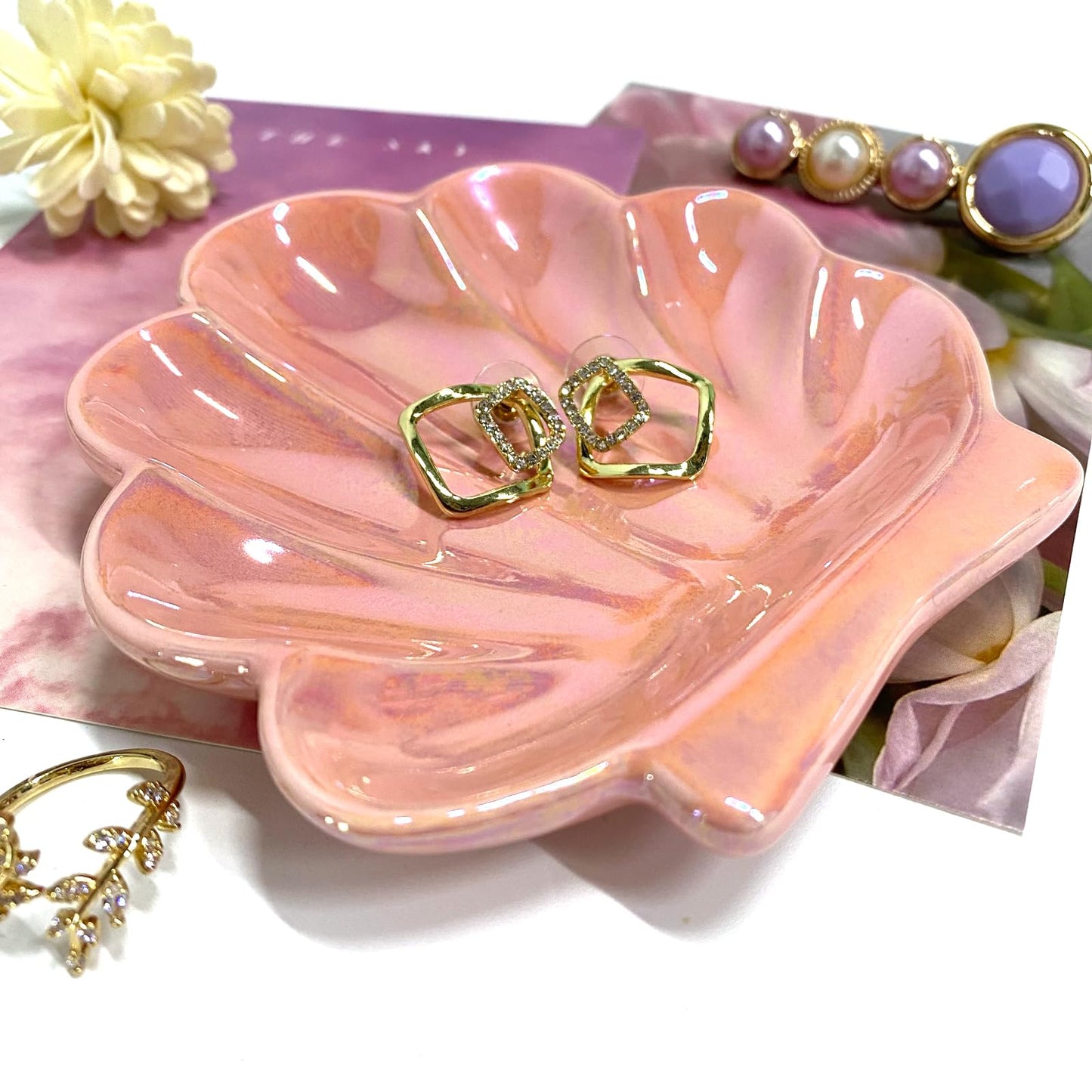 TIGERMILLION Sea Shell Jewelry Dish, Ceramic Seashell Jewelry Holder, Cute Organizer Plate Vanity Decorations Accessories for Home Bathroom Decor Birthday Mother's Day Christmas Gift for Women
