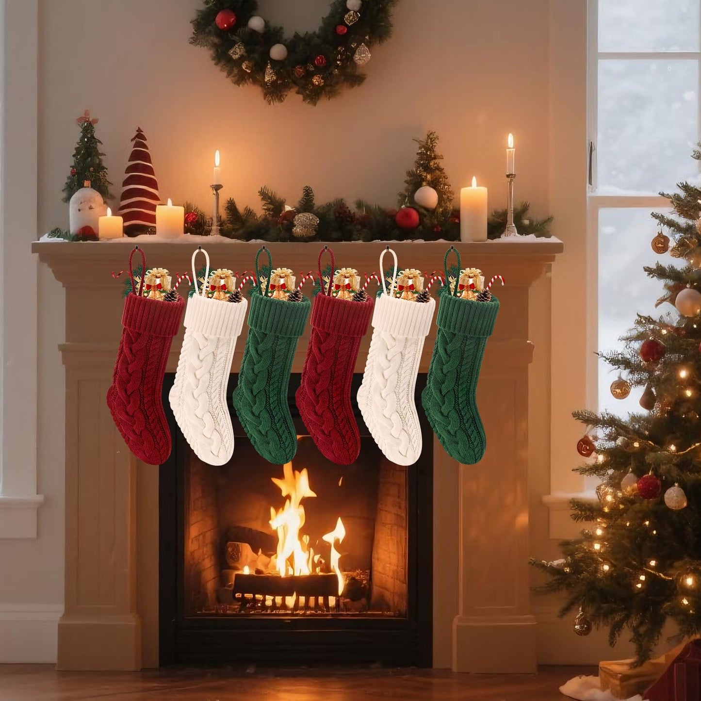 Doitory Christmas Stockings 6 Pack 18 Inches Large Size Knitted Stocking Christmas Decorations for Family Holiday Party Decor
