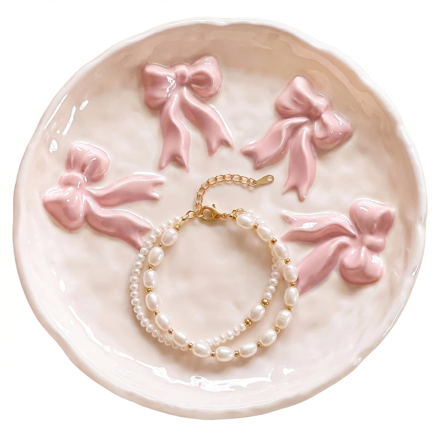 Ceramic Jewelry Tray Ring Dish Holder for Women, Trinket Plate Bowl with Pink Bow, Large Jewelry Organizer for Vanity Decor, Home Decoration for Her Mother's Day