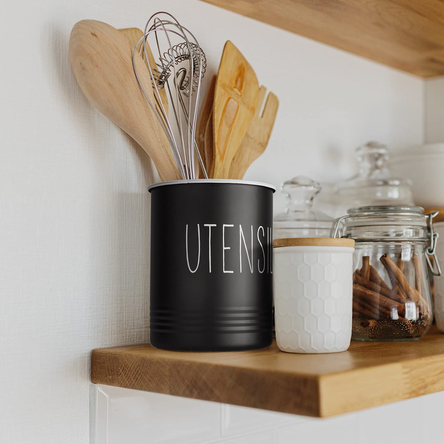 Kitchen Utensil Holder, 6.7" Utensil Holder for Kitchen Counter, Cooking Utensil Crock with Cork Bottom, Modern Farmhouse Decor, Countertop Utensil Storage Organizer Caddy, Black