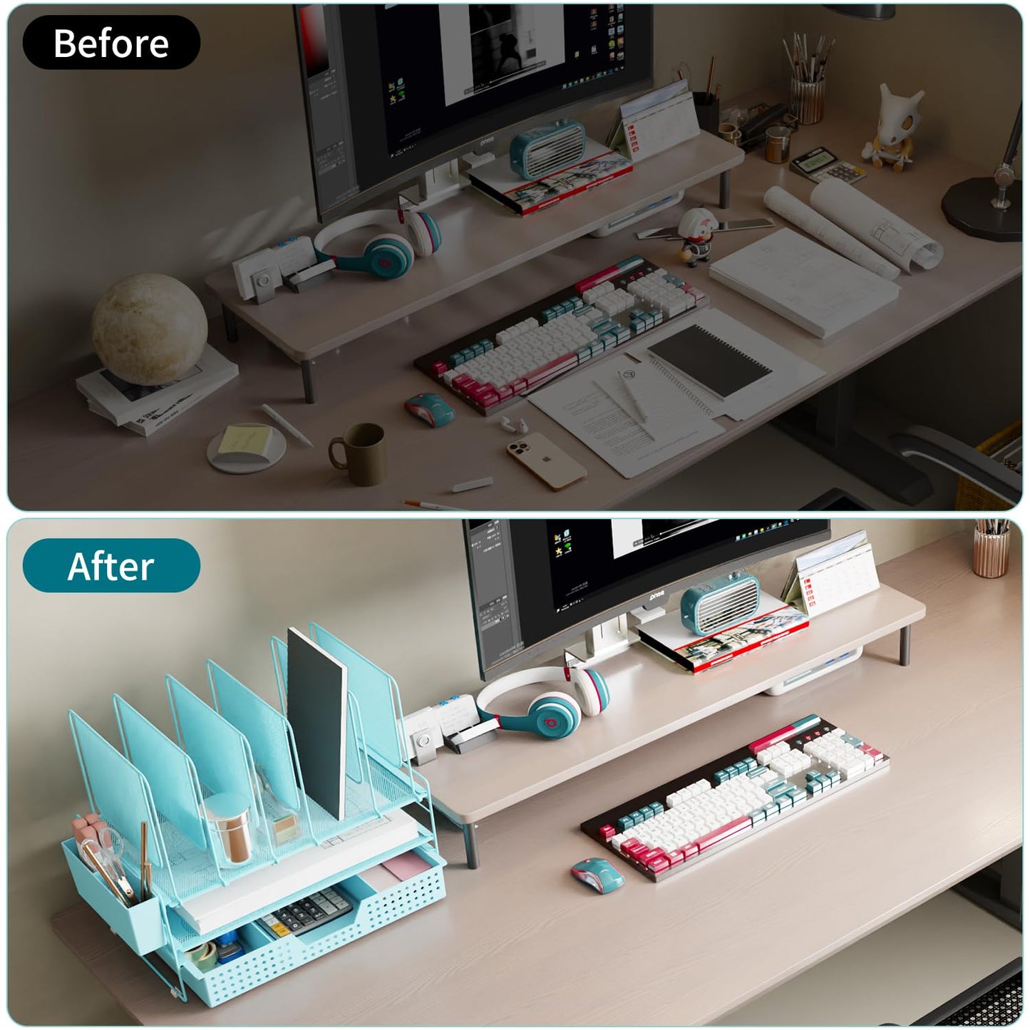LEKETREE Teal Desk Organizer, Office Organization with Vertical File Holder, File Organizer with Drawer and Pen Holder, Desk Accessories and Workspace Organizers for Home Office (Sky Blue)