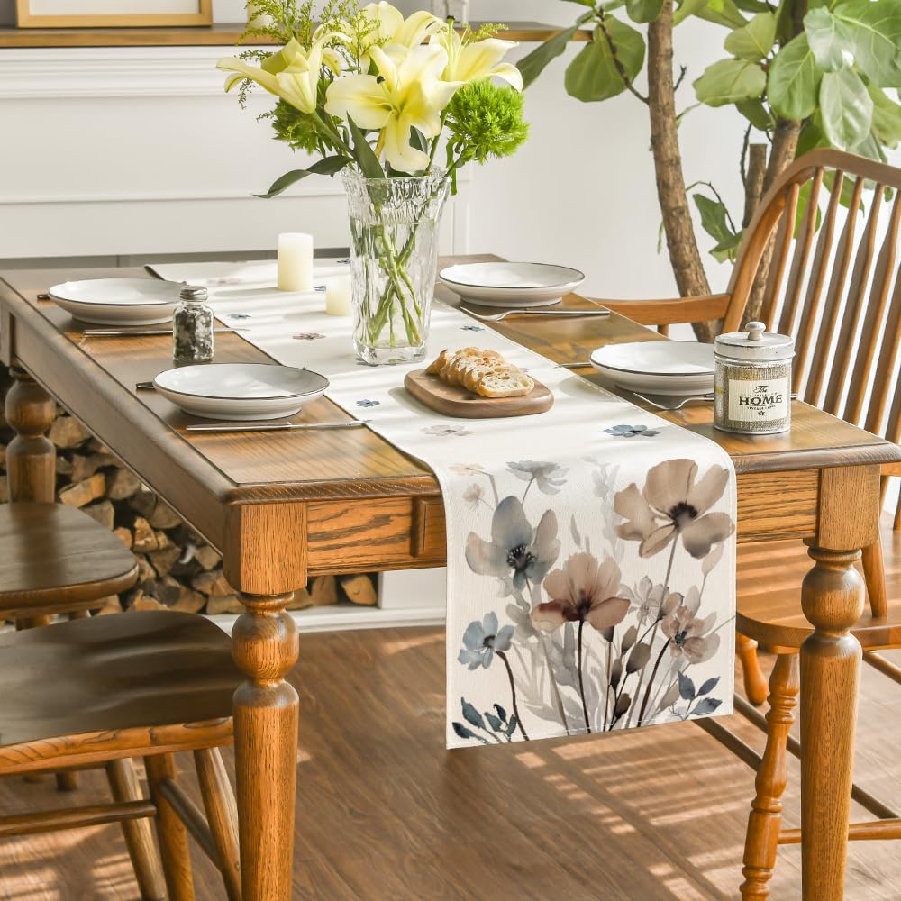 Artoid Mode Brown Poppy Floral Leaves Spring Table Runner, Seasonal Summer Kitchen Dining Table Decoration for Home Party Decor 13x108 Inch