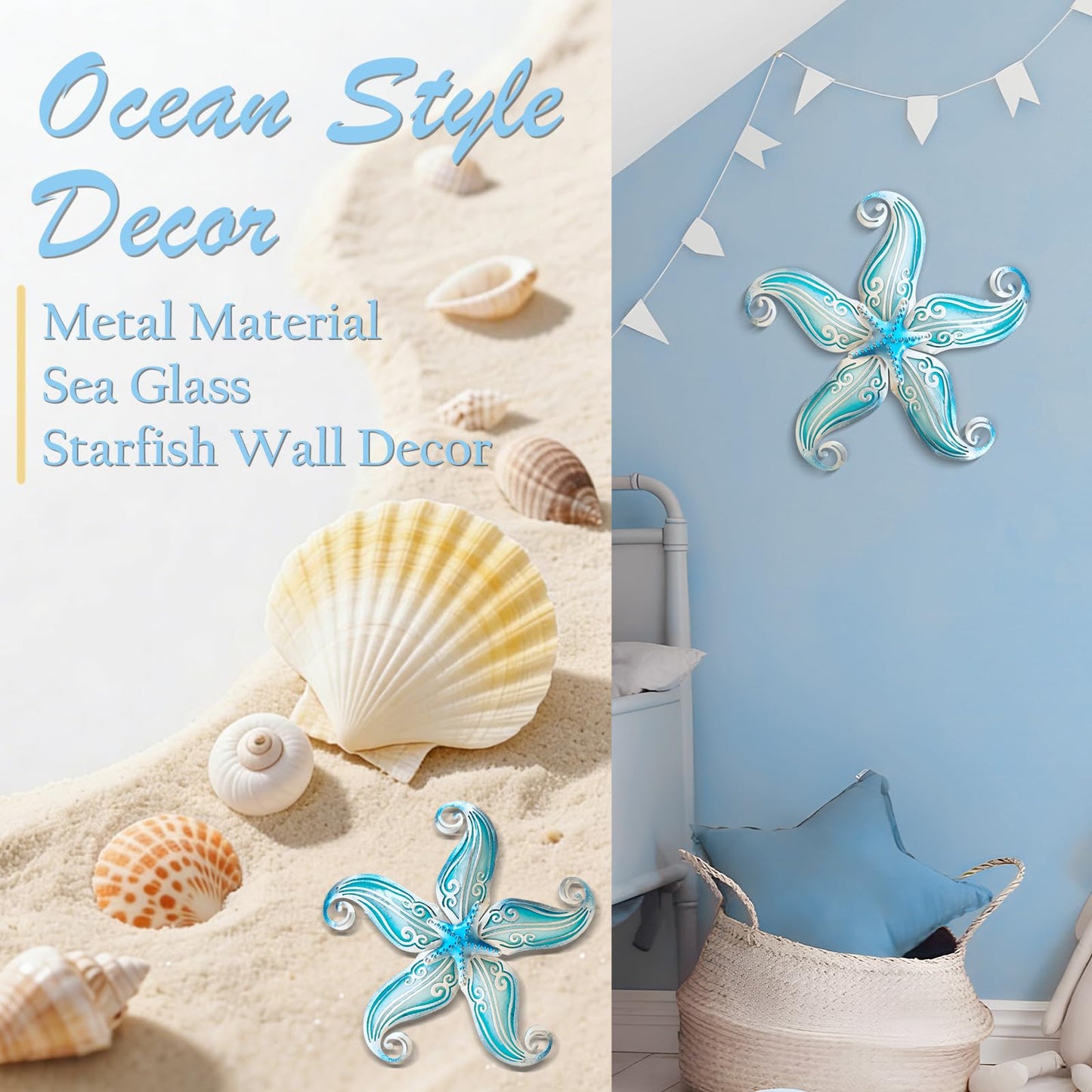 POXOHO Starfish Coastal Wall Decor Art, Starfish Beach Theme Bathroom Decor for Bedroom House Home, 12" Hanging Glass Sculpture, Beach Wall Art Ocean Gifts for Women & Men (Sky Blue)