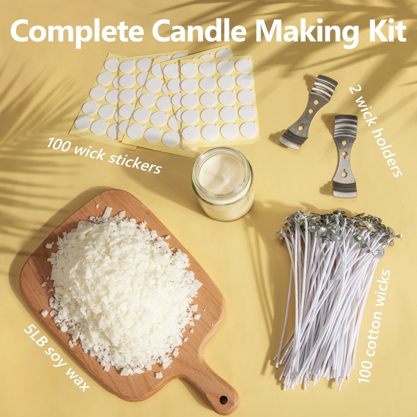 FUHITIM Soy Candle Wax for Candle Making 5 lbs Bag, Premium Natural Soy Wax Flakes, No additives and Pure, 100 Cotton Candle Wicks, 100 Wick Stickers, & 2 Centering Devices