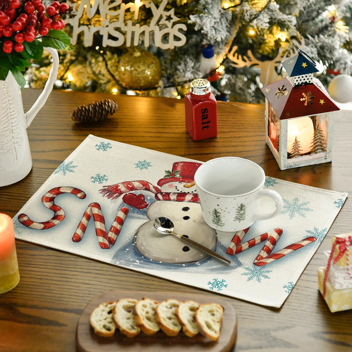 Artoid Mode Red Snow Snowman Winter Placemats Set of 4, 12x18 Inch Seasonal Holiday Christmas Place Mats for Party Dining Table
